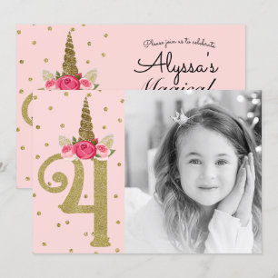 Invitation Licorne Pailletée Or Rose 4 4ème Anniversaire