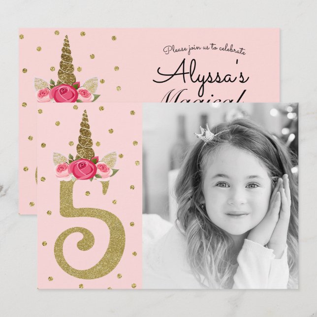 Invitation Licorne Pailletée Or Rose 5 5ème Anniversaire (Devant / Derrière)