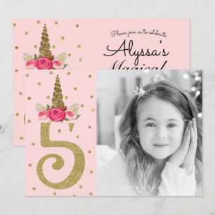 Invitation Licorne Pailletée Or Rose 5 5ème Anniversaire