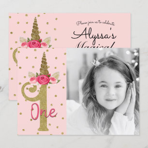 Invitation Licorne Pailletée Or Rose Anniversaire 1 an