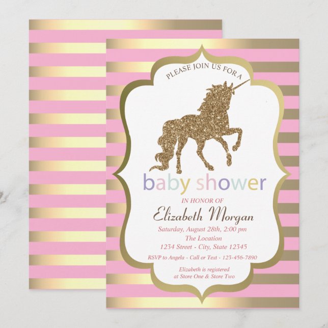 Invitation Licorne Paillettes Dorées,Invitation Rayée pour Ba (Devant / Derrière)