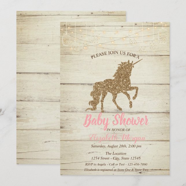 Invitation Licorne Paillettes Dorées Texture Bois Baby Shower (Devant / Derrière)