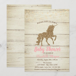 Invitation Licorne Paillettes Dorées Texture Bois Baby Shower
