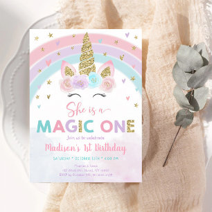 Invitation Licorne Pastel Arc-en-Ciel Or Premier Anniversaire