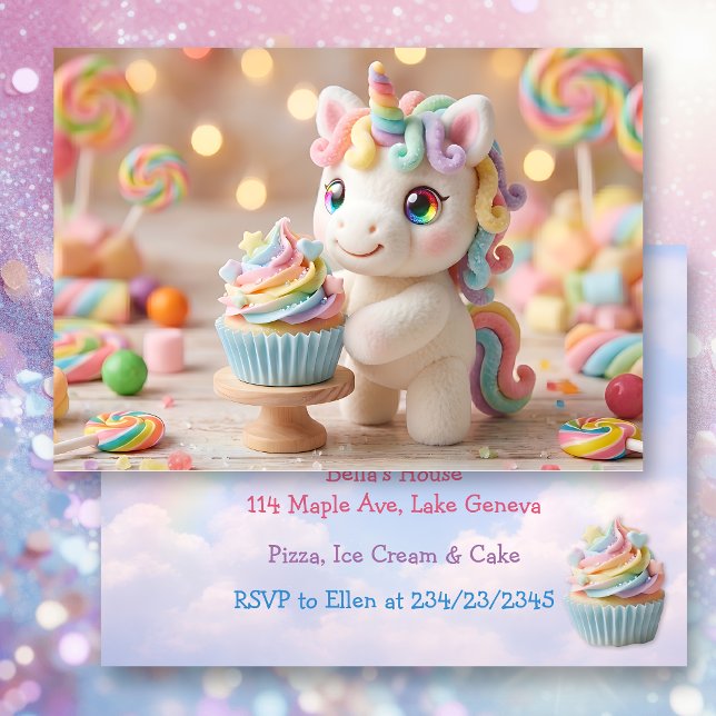 Invitation Licorne pastel avec Cupcake arc-en-ciel (Créateur téléchargé)