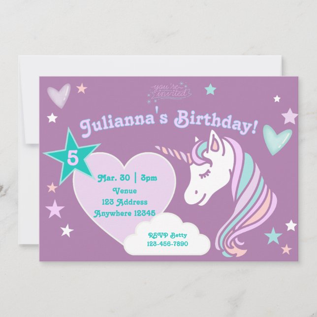 Invitation Licorne pastel violette étoiles et coeurs annivers (Devant)