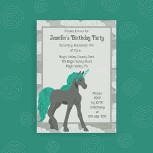 Invitation Licorne Personnalisée Gris et Turquoise
