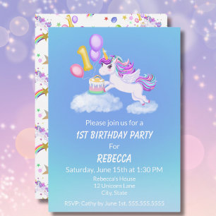 Invitation Licorne pour 1er Anniversaire avec Gâte
