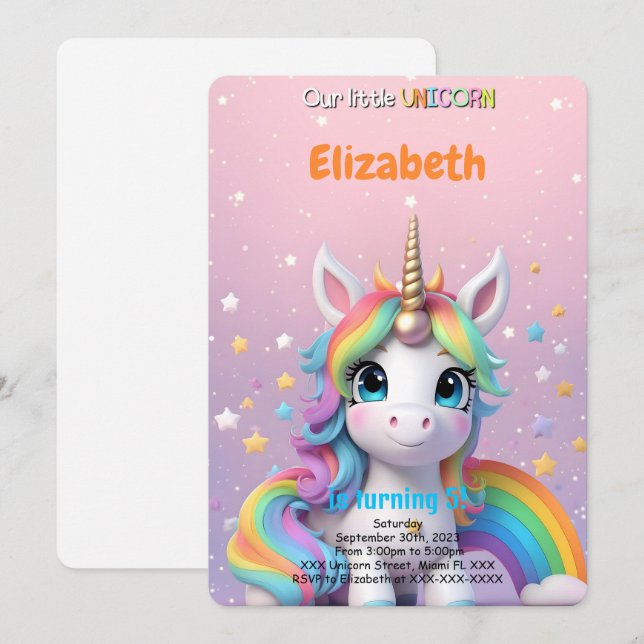 Invitation Licorne pour 5e anniversaire  (Devant / Derrière)
