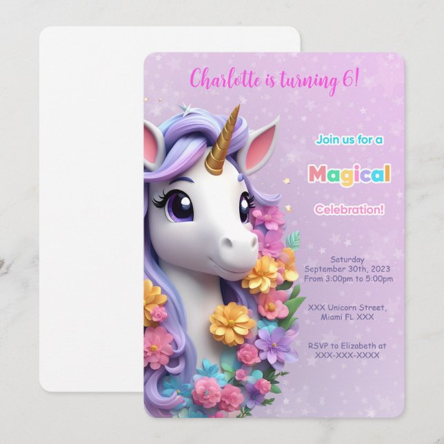 Invitation Licorne pour 6ème anniversaire  (Devant / Derrière)