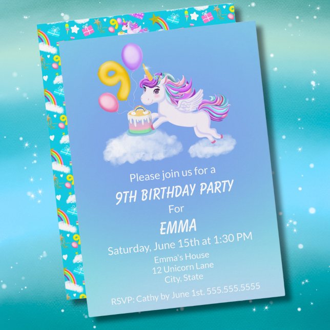 Invitation Licorne pour 9e Anniversaire avec Gâtea (Créateur téléchargé)