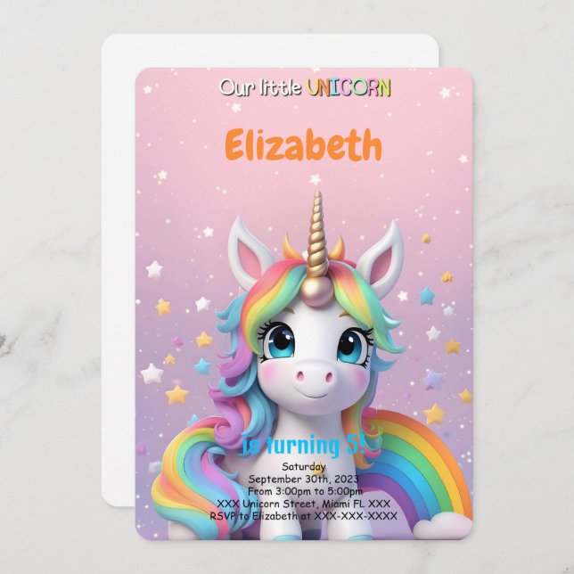 Invitation Licorne pour le 5e anniversaire  (Devant / Derrière)