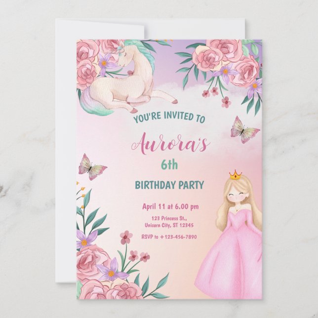 Invitation Licorne Princesse de Conte de Fées Magique (Devant)