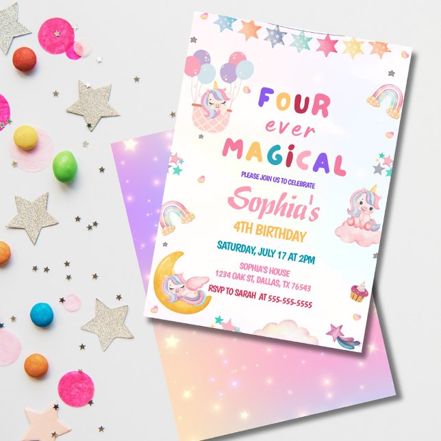 Invitation Licorne Quatre  Anniversaire Magique 4 ans  (Four Ever Magical pastel unicorn 4th birthday invitation with rainbow and stars.)