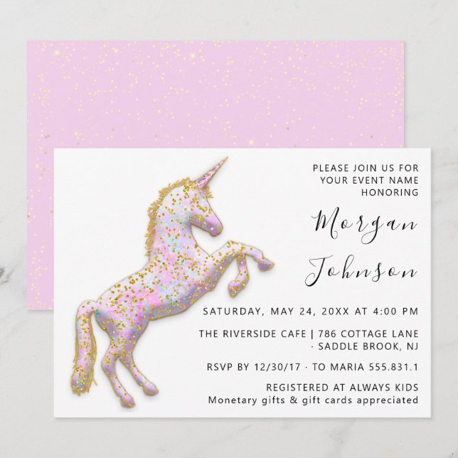 Invitation Licorne Rose Dieu Cheval Blanc Anniversaire Bébé S (Devant / Derrière)