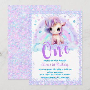 Invitation Licorne rose et violette 1er anniversaire 