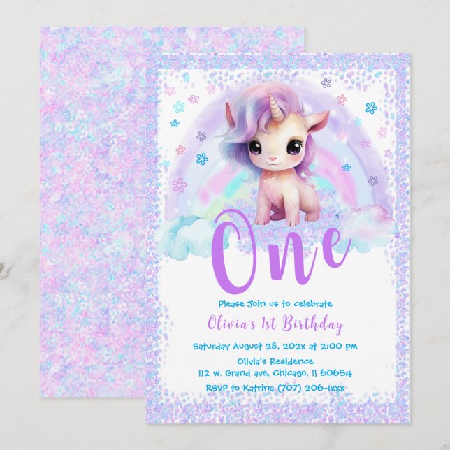 Invitation Licorne rose et violette 1er anniversaire  (Devant / Derrière)
