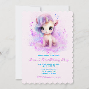 Invitation Licorne rose et violette personnalisée pour 1er an