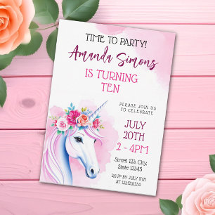 Invitation Licorne Rose Fantaisiste Roses Fille 10ème Anniver