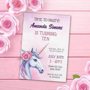 Invitation Licorne Rose Florale Pastel Fille Dixième Annivers