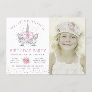 Invitation Licorne Rose Grise Photo Anniversaire Fête