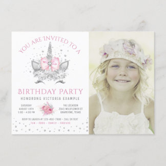 Invitation Licorne Rose Grise Photo Anniversaire Fête