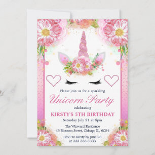 Invitation Licorne Rose Pailletée Fleur Anniversaire Fête