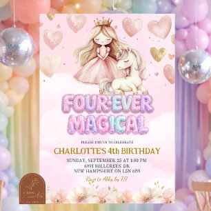 Invitation Licorne Rose Quatre ans pour toujours Magique Quat