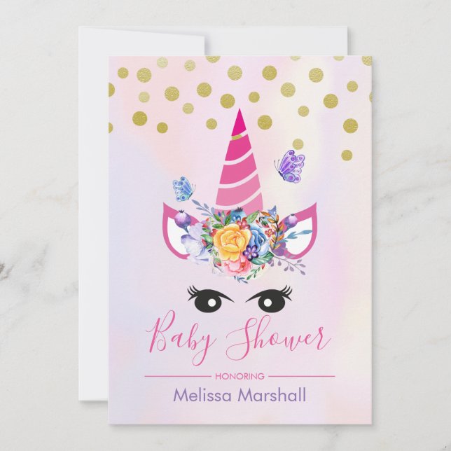 Invitation Licorne Rose Tendance avec Fleurs Baby Shower (Devant)