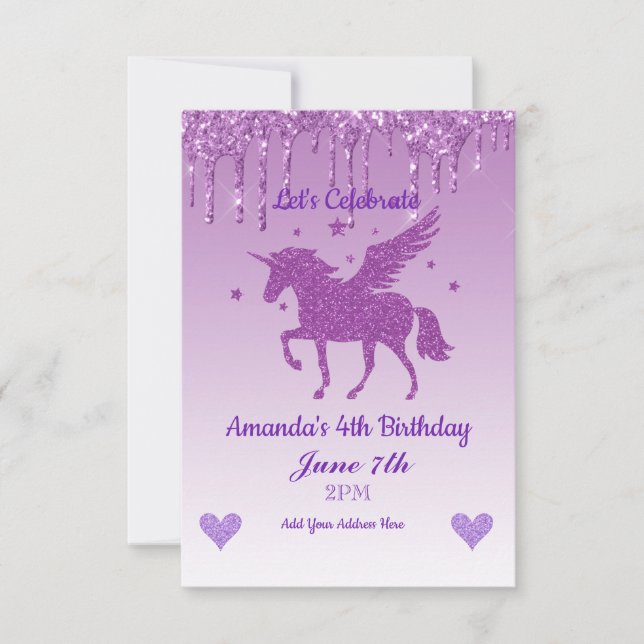 Invitation Licorne Violet qui dégouline de paillettes (Devant)