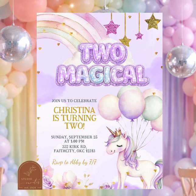 Invitation Licorne Violette Deux Anniversaire Magique Pastel (Créateur téléchargé)