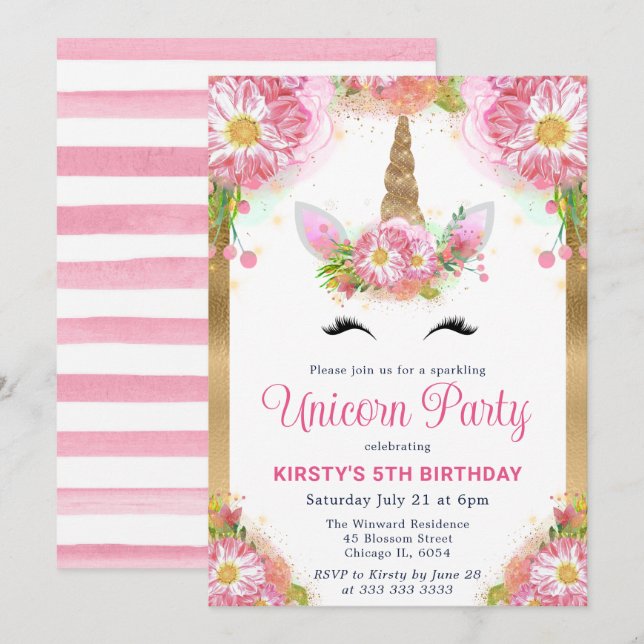 Invitation Licorne Visage & Fleurs Roses Aquarelle Anniversai (Devant / Derrière)