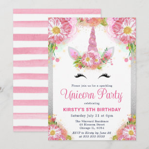 Invitation Licorne Visage & Fleurs Roses Aquarelle Anniversai