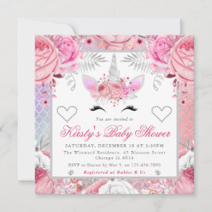Invitation Licorne Visage Rose Argent Baby Shower