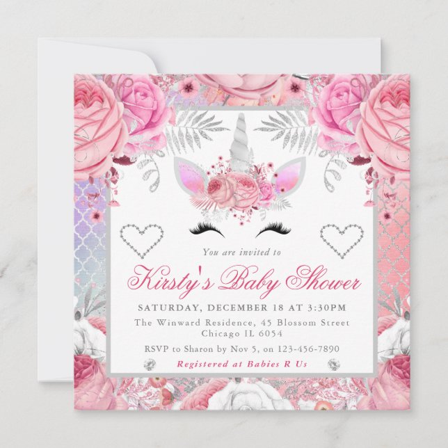 Invitation Licorne Visage Rose Argent Baby Shower (Devant)