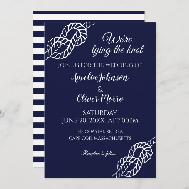 Invitation Lien La Corde Nautique Knot Mariage White Navy (Devant / Derrière)