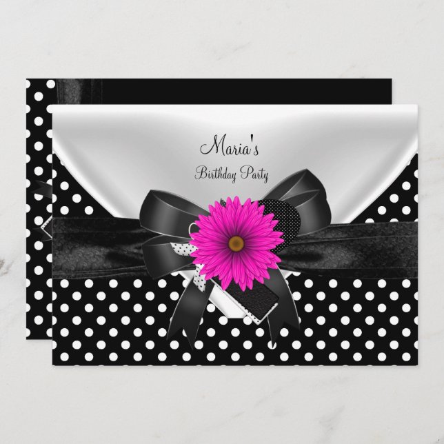 Invitation Lieu de fête d'anniversaire Polka point noir blanc (Devant / Derrière)