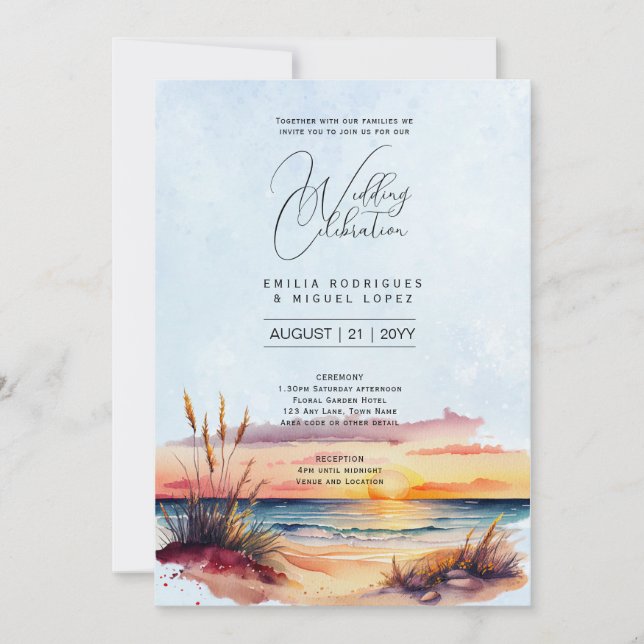 Invitation Lieu de mariage de plage au coucher du soleil (Devant)