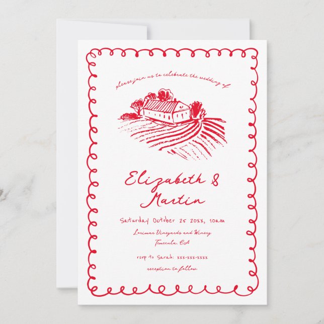 Invitation Lieu de Mariage de Vignoble Funky Dessiné à la Mai (Devant)