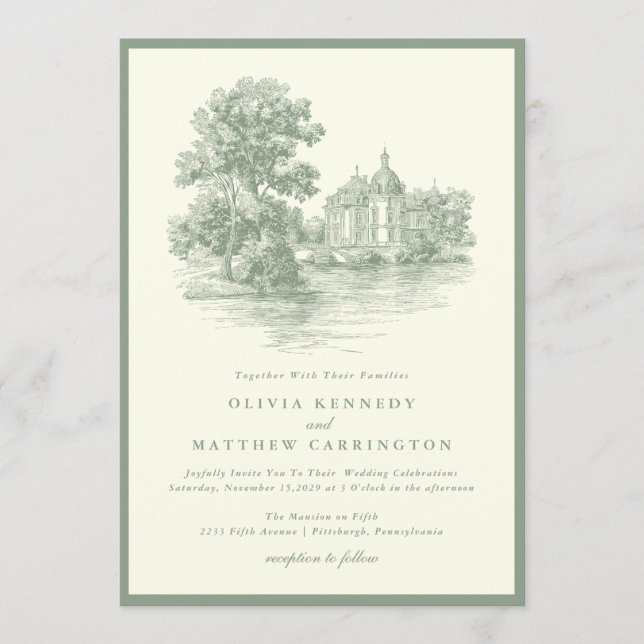 Invitation Lieu de réception Manoir Esthétique Argent Ancien  (Devant)