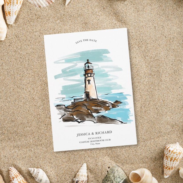 Invitation Lieu foré main lunaire Phare côtier (hand drawn lighthouse save the date)