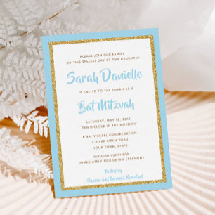 Invitation Light Blue and Gold Glitter Rectangle Bat Mitzvah