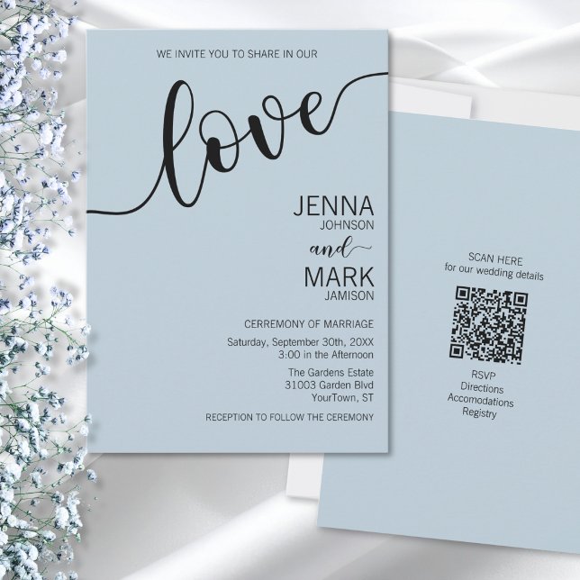 Invitation Light Blue Black Love Script Minimalist Wedding (Créateur téléchargé)