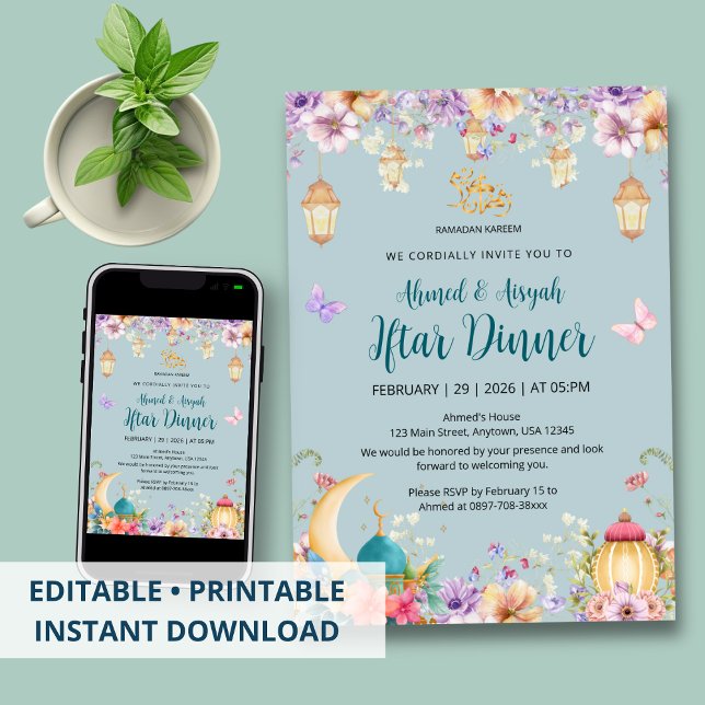 Invitation Light Blue Floral and Butterfly Ramadan Iftar (Créateur téléchargé)