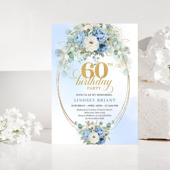 Invitation Light blue floral white peony gold 60th birthday  (Light blue floral white peony gold 60th birthday invitation

)
