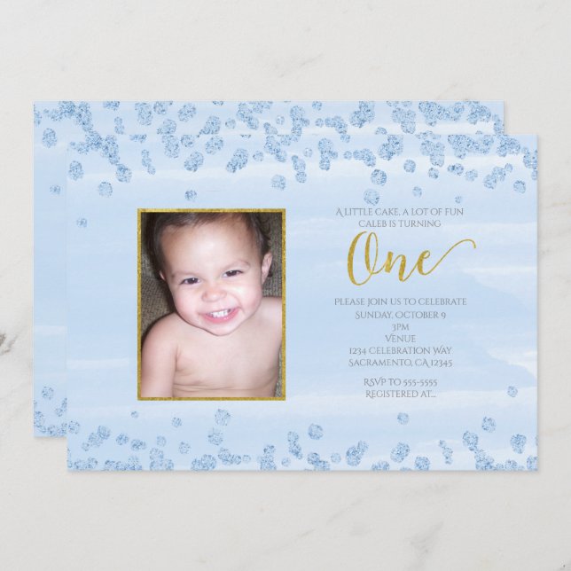 Invitation Light Blue Gold ONE 1er Anniversaire Photo Invitat (Devant / Derrière)