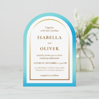 Invitation Light blue golden frame gradient wedding