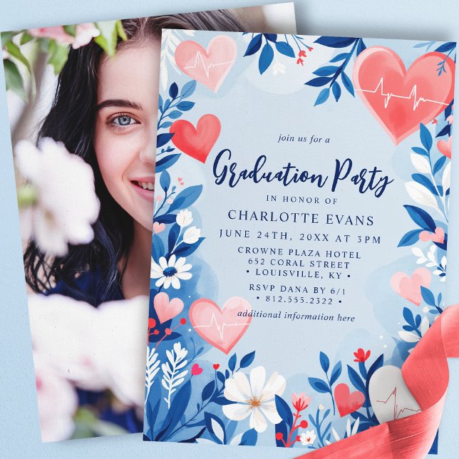 Invitation Light Blue Nurse Heart Floral Graduation Photo (Créateur téléchargé)