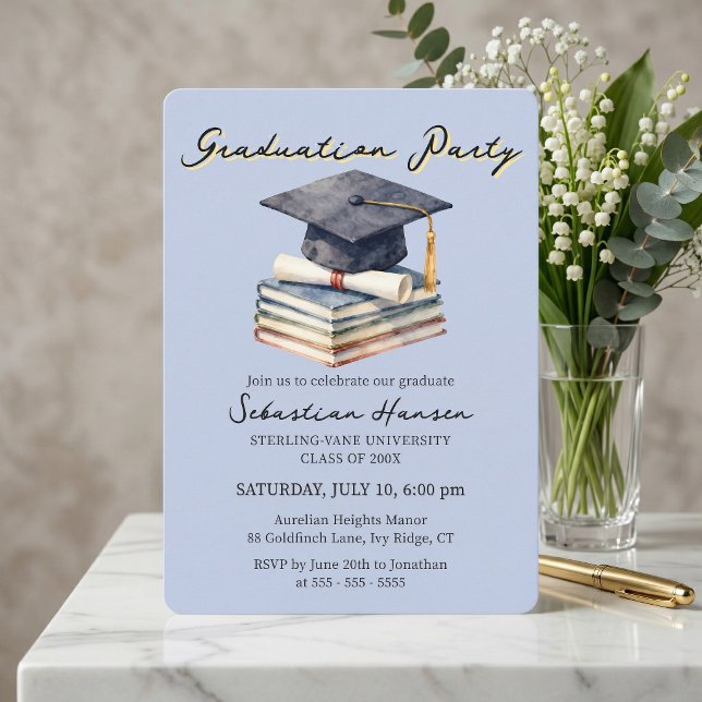 Invitation Light Blue Watercolor Books Cap Graduation Party (Créateur téléchargé)