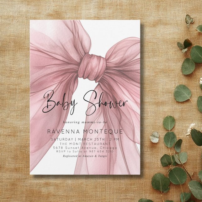 Invitation Light Blush Bow Clean Personalized Baby Shower  (Créateur téléchargé)